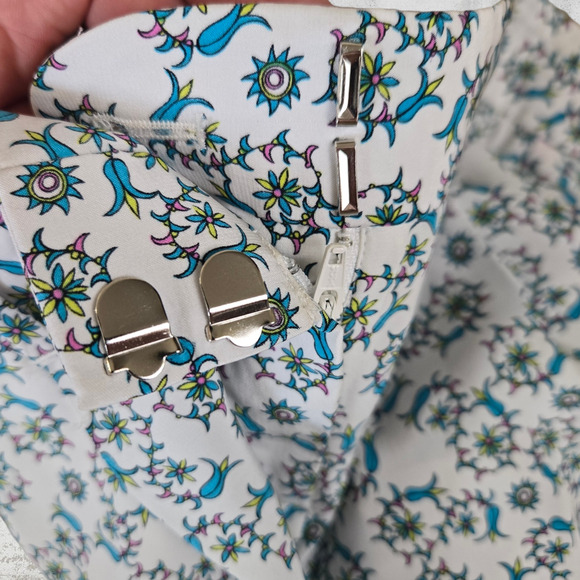 Theory White Blue Floral Silk Mid Rise Tapered Boho Whimsy Pants Trousers Size 0 - Picture 8 of 11